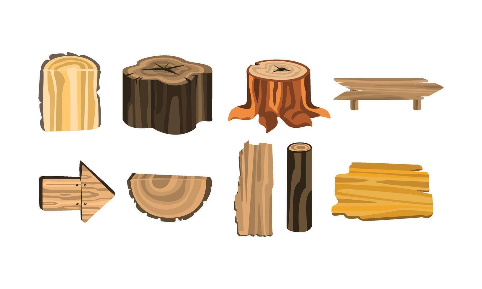 Wooden Stubs and Logs Set. Firewood and Crust Isolated on White Background vector