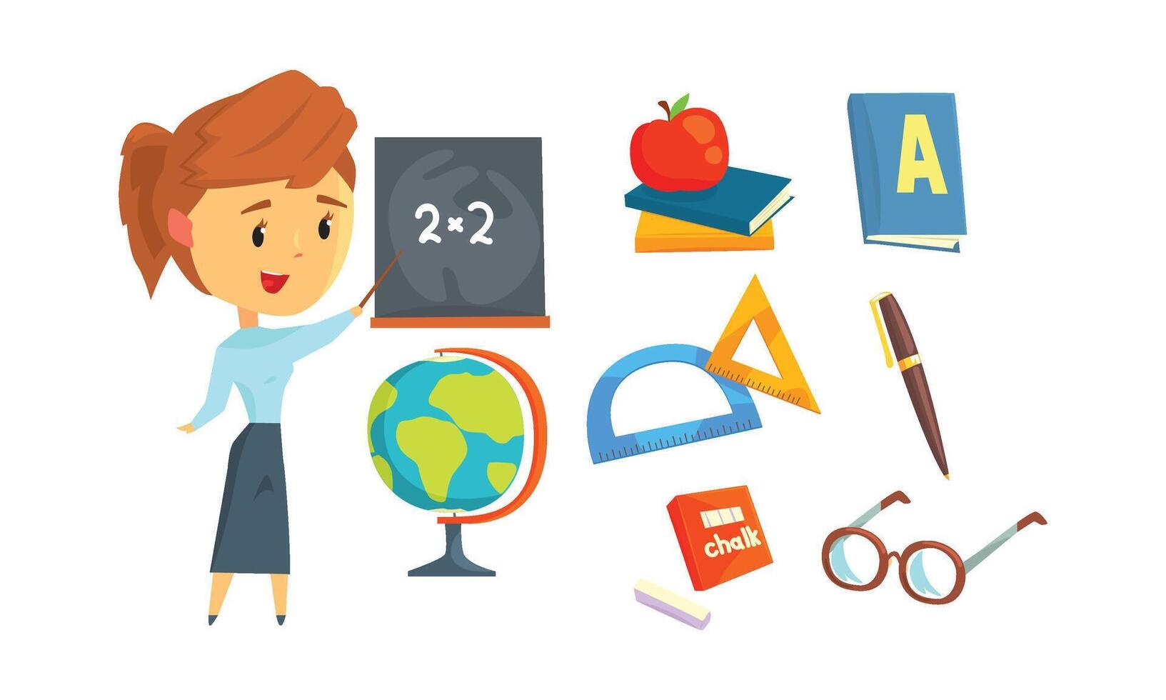 School Supplies Set and Math Teacher Standing in Front of Blackboard vector