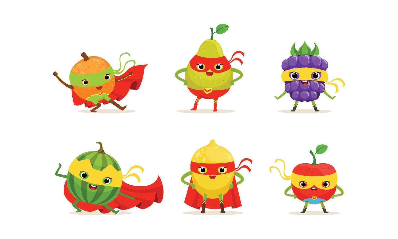 Fruit and Berry Superheros Rushing to the Rescue Set vector