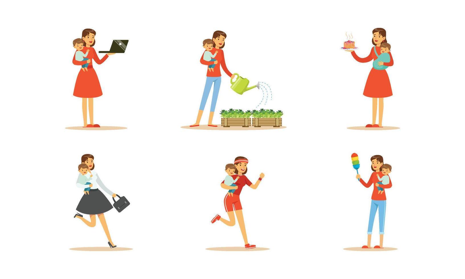 Housewife Engaging in Different Domestic Works Illustrations Set vector