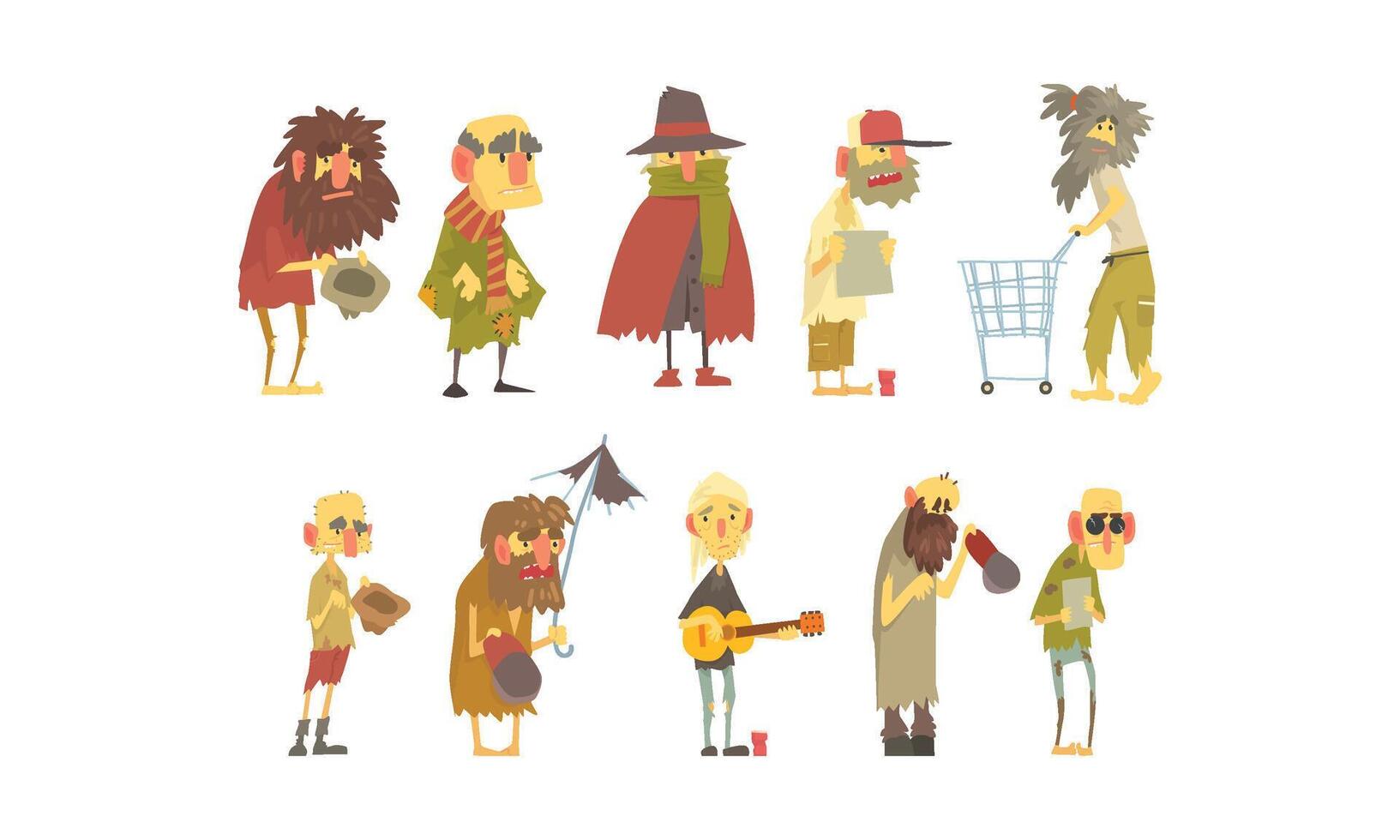 Homeless People Wearing Dirty Torn Clothes Begging for Help Illustrations Set vector