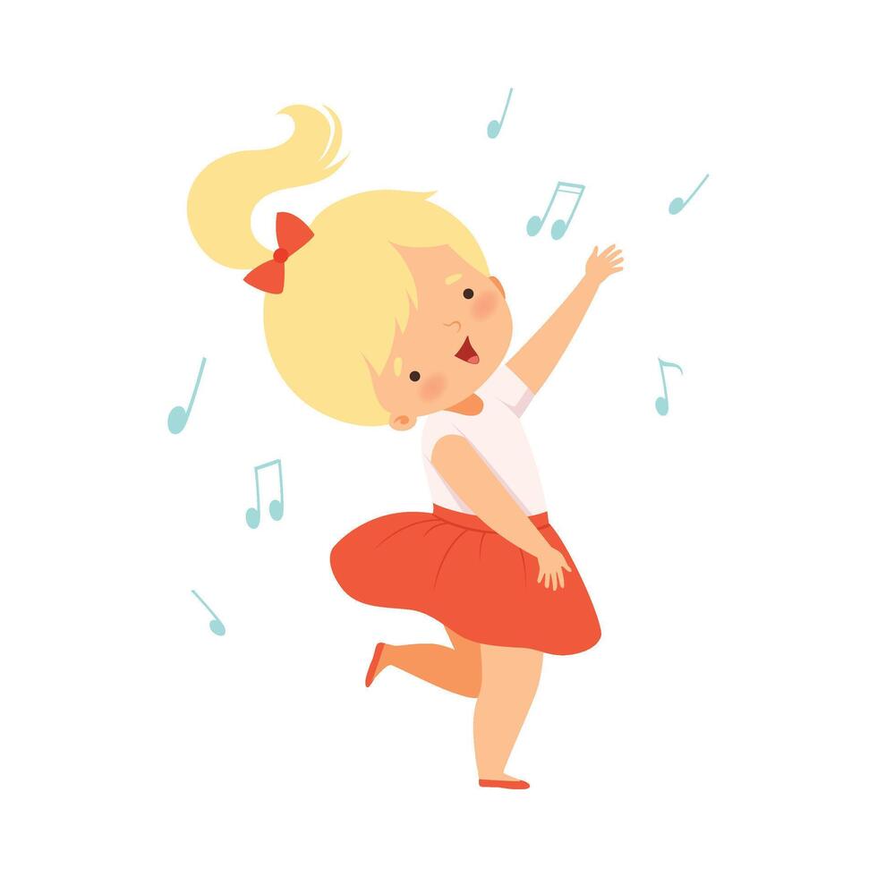 Lovely Blonde Girl Singing and Dancing, Adorable Kid Having Fun and Enjoying Listening to Music Cartoon Illustration vector