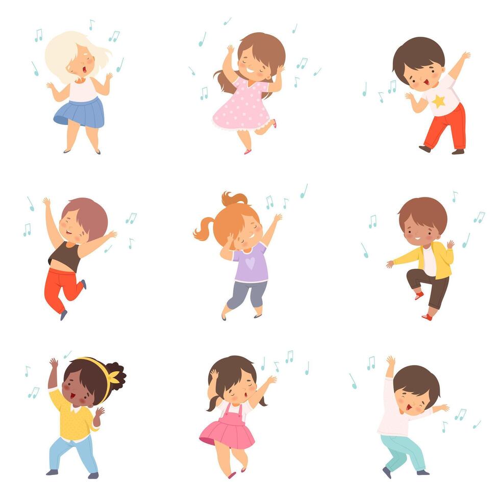 Cute Boys and Girls Singing and Dancing Set, Adorable Children Having Fun and Enjoying Listening to Music Cartoon Illustration vector