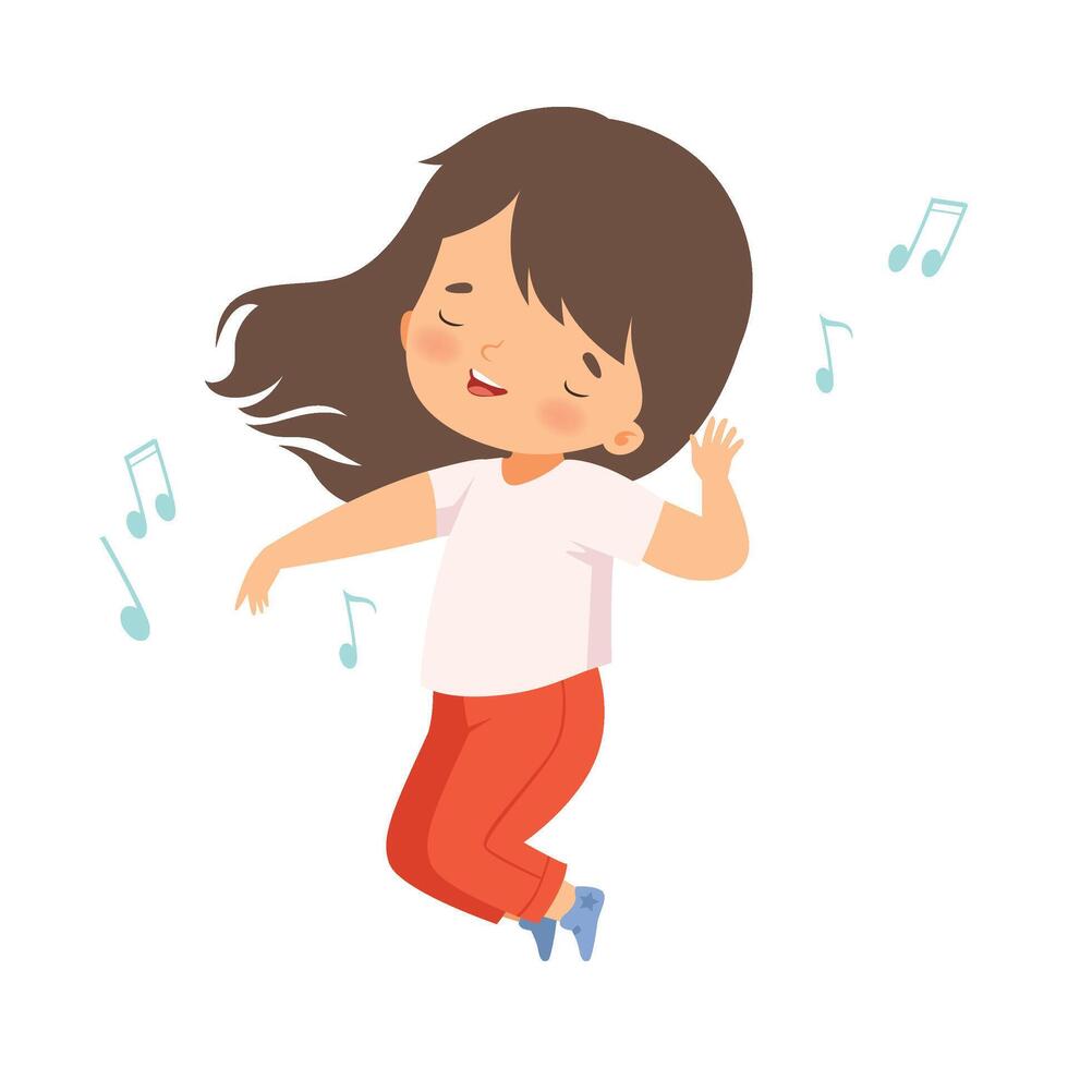 Cute Brunette Girl Singing and Dancing, Adorable Kid Having Fun and Enjoying Listening to Music Cartoon Illustration vector
