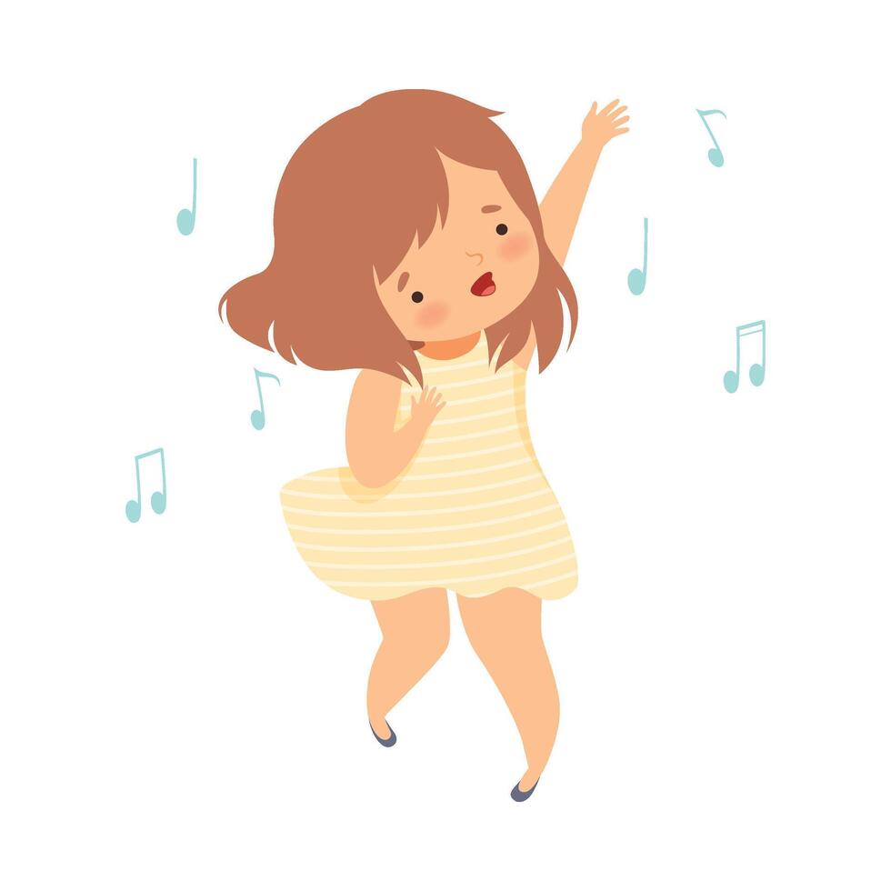 Cute Girl in Yellow Dress Singing and Dancing, Adorable Kid Having Fun and Enjoying Listening to Music Cartoon Illustration vector