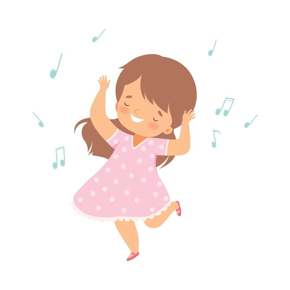 Cute Smiling Girl Singing and Dancing, Adorable Kid Having Fun and Enjoying Listening to Music Cartoon Illustration vector