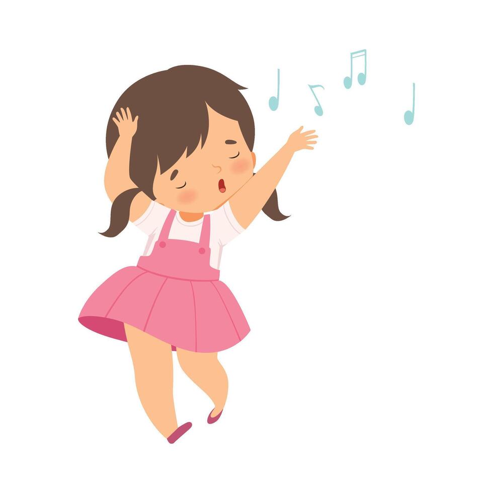 Sweet Brunette Girl Singing and Dancing, Adorable Kid Having Fun and Enjoying Listening to Music Cartoon Illustration vector