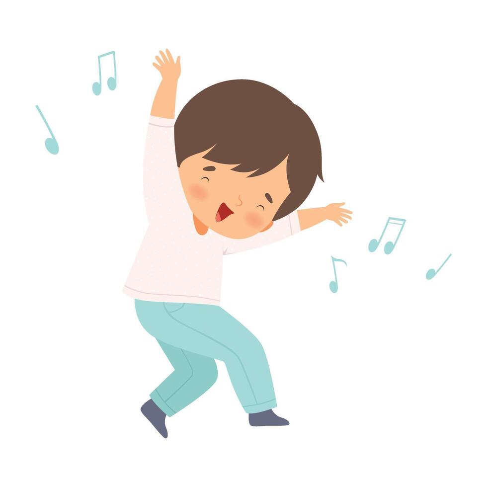 Brunette Boy Singing and Dancing, Adorable Kid Having Fun and Enjoying Listening to Music Cartoon Illustration vector