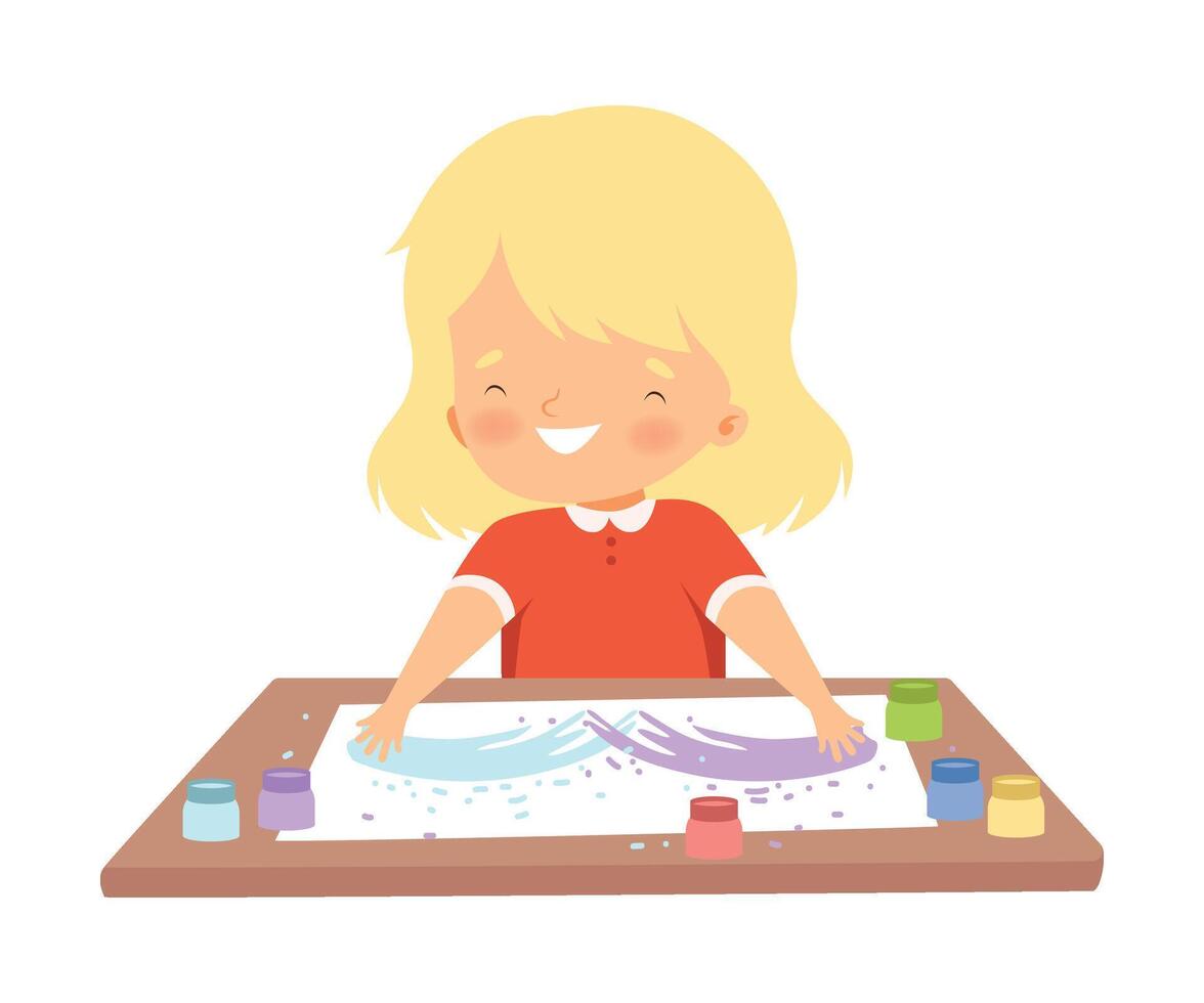Cute Blonde Girl Sitting at the Desk and Painting with Colorful Handprints, Adorable Young Artist Cartoon Character, Kids Creative Hobby Illustration vector