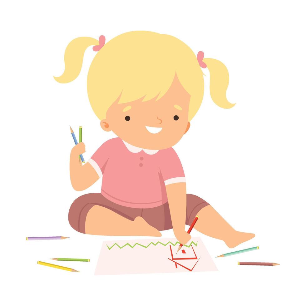 Cute Blonde Girl Sitting on the Floor and Drawing Picture with Colorful Pencils, Adorable Young Artist Cartoon Character, Kids Creative Hobby Illustration vector