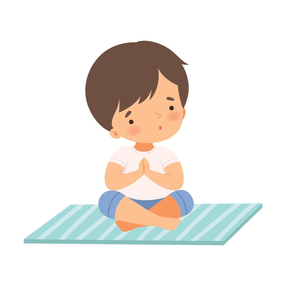 Cute Boy Sitting in Lotus Position, Adorable Kid Practicing Yoga, Active Healthy Lifestyle Illustration vector