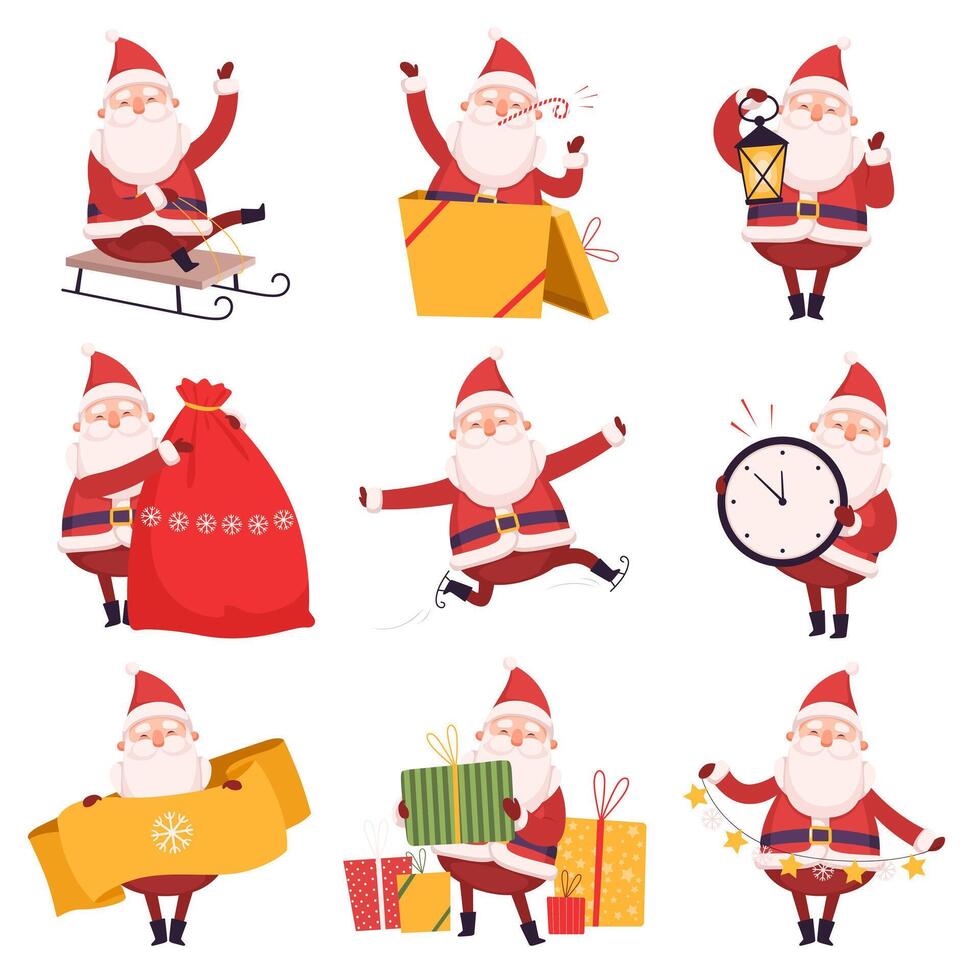 Happy Funny Santa Claus with Presents Collection, Christmas and New Year Character, Winter Holidays Design Element Illustration vector