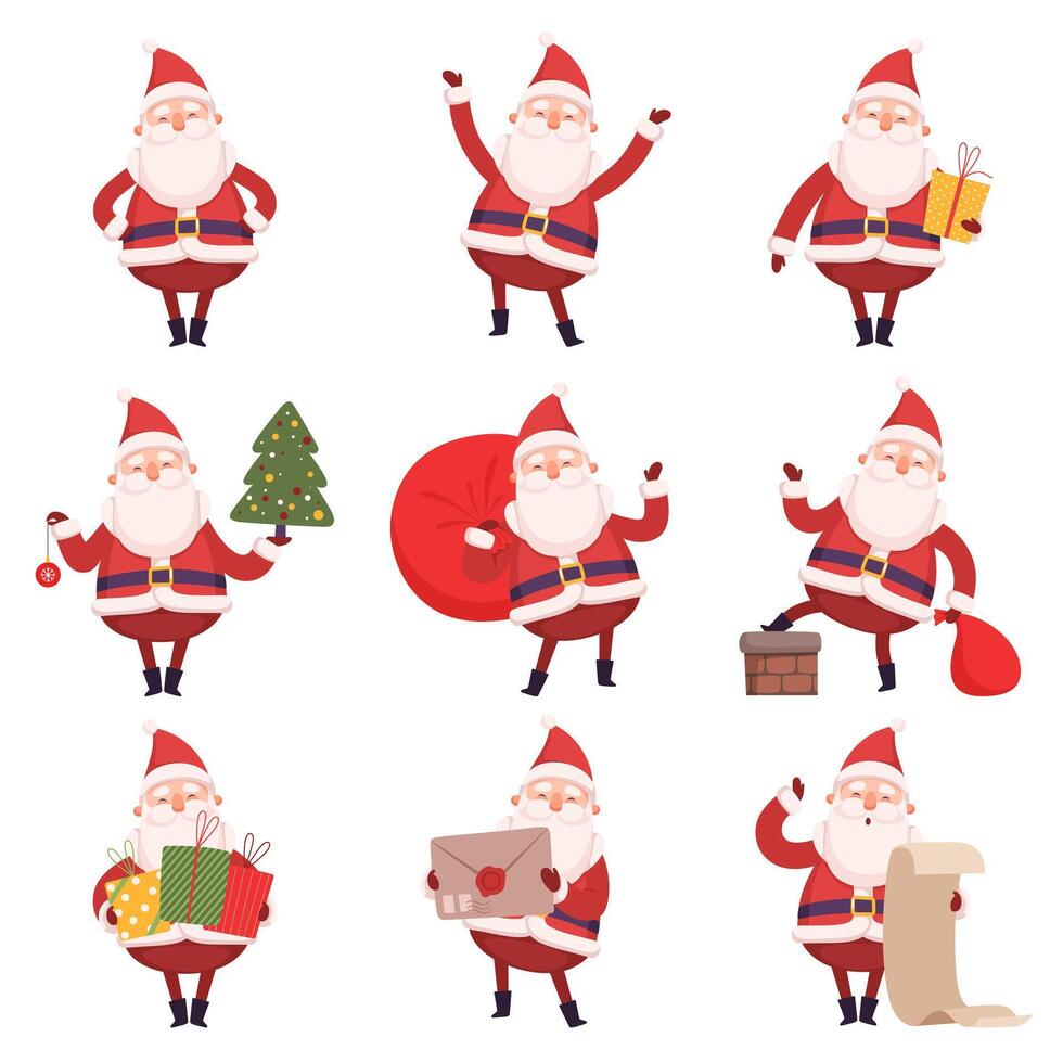 Funny Santa Claus with Presents Collection, Cute Christmas and New Year Character, Winter Holidays Design Element Illustration vector