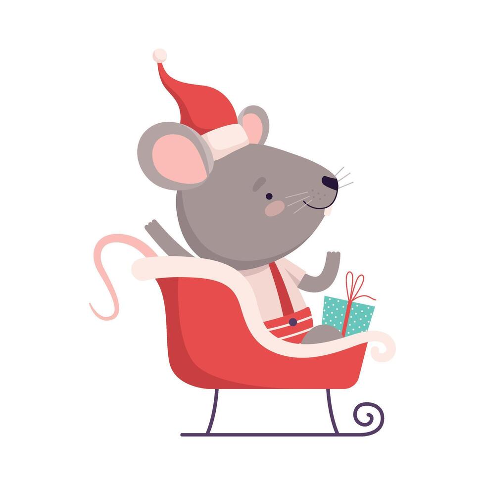 Cute Mouse in Red Santa Hat Sitting in Sleigh, Cute Small Rodent Animal Character, Symbol of 2020 Year Illustration vector