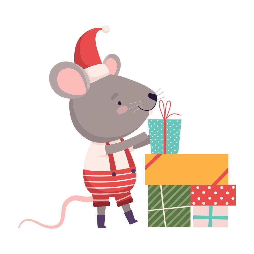 Cute Mouse with Gift Boxes, Cute Small Rodent Animal Character, Symbol of 2020 Year Illustration vector