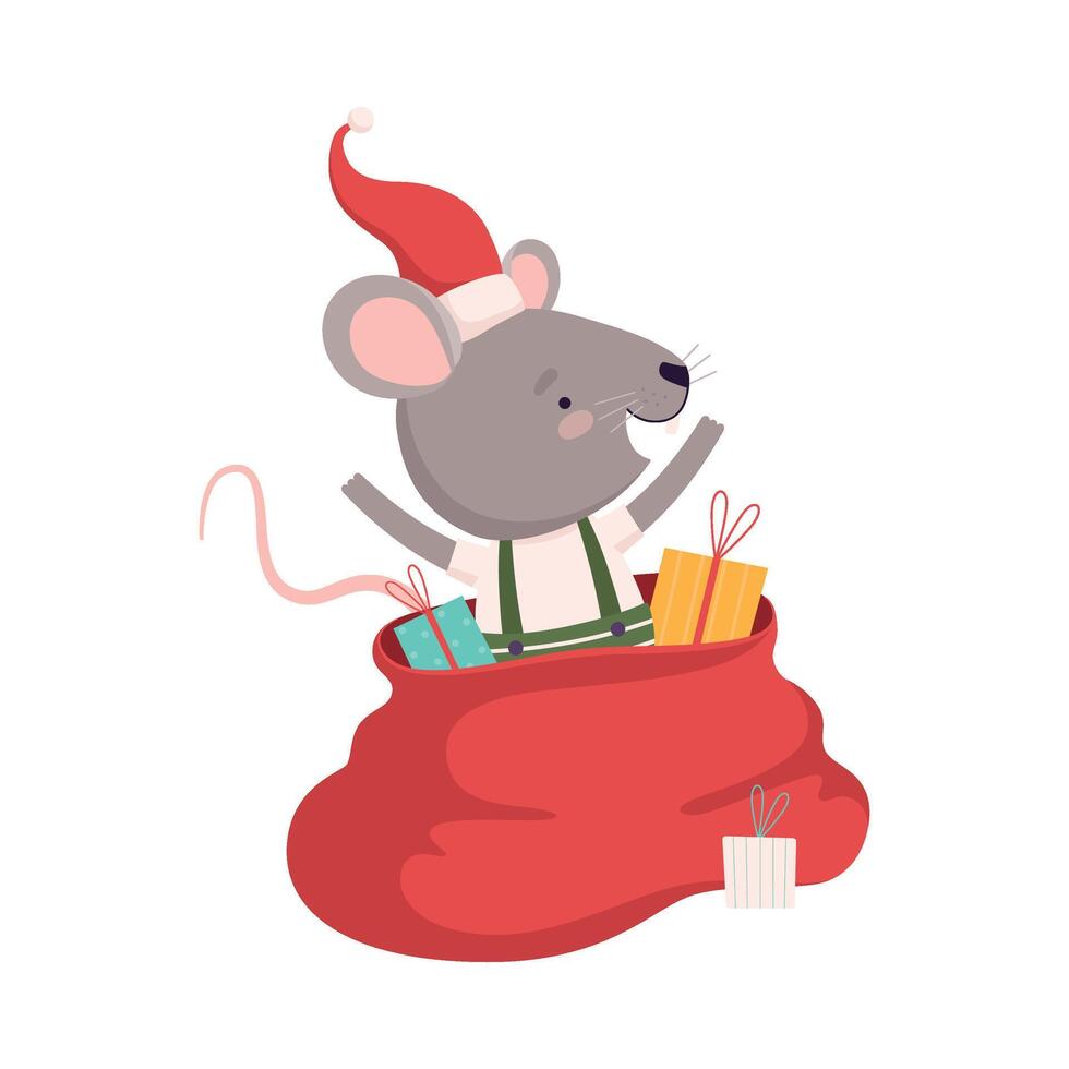Cute Mouse in Red Santa Hat with Big Sack of Christmas Gifts, Cute Small Rodent Animal Character, Symbol of 2020 Year Illustration vector