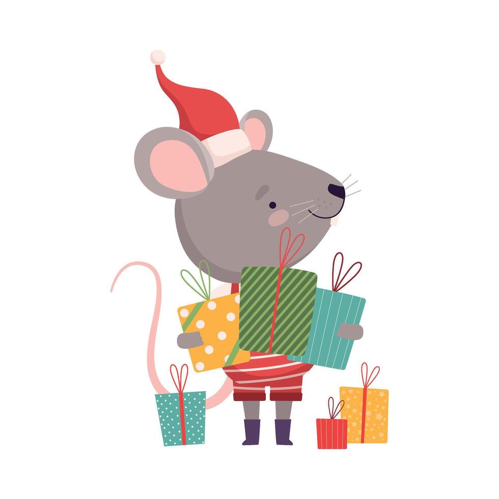 Cute Mouse in Christmas Santa Claus Costume with Gift Boxes, Cute Small Rodent Animal Character, Symbol of 2020 Year Illustration vector