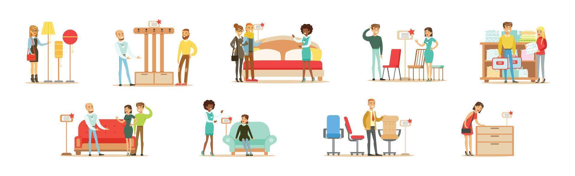 People in Furniture Store Choose Interior Elements Set vector