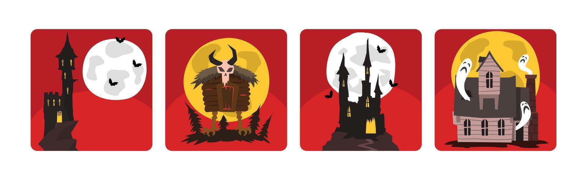 Halloween Spooky House and Ghost Abandoned Old Haunted Castle Set vector