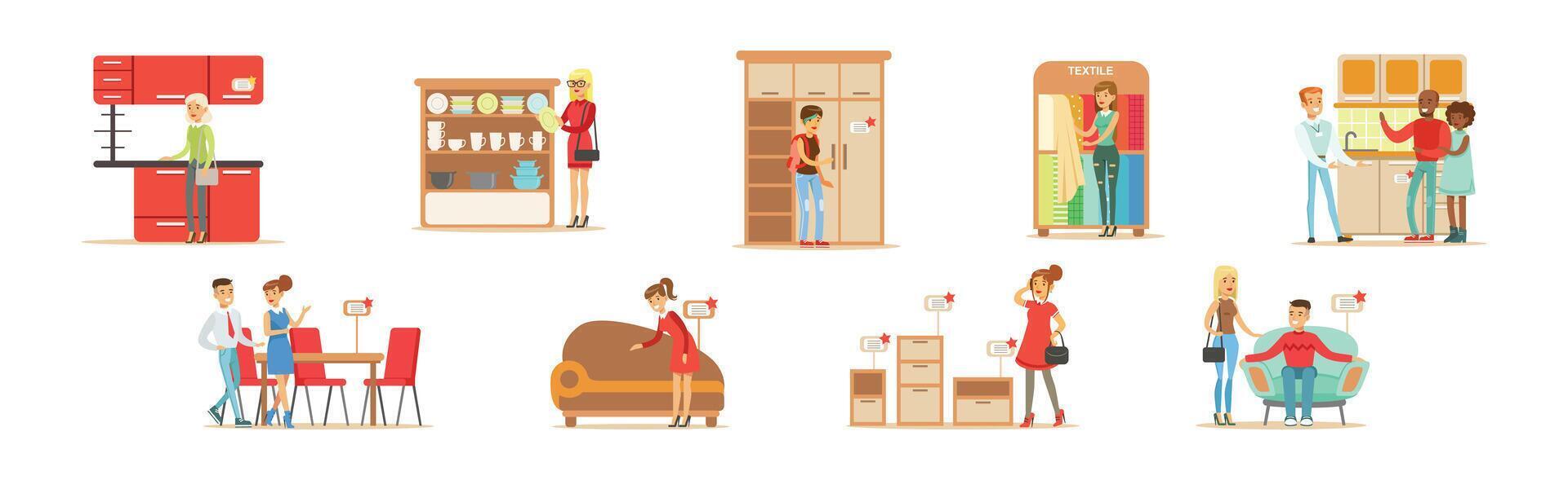 People in Furniture Store Choose Interior Elements Set vector