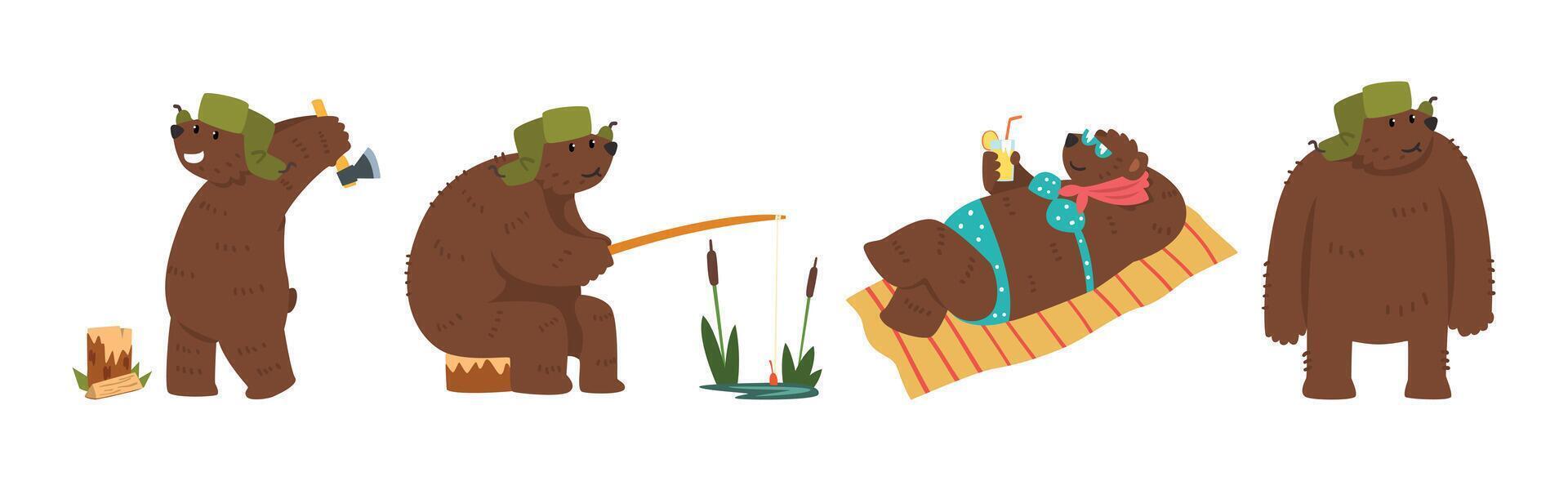 Funny Bear Character with Cute Snout Engaged in Different Activity Set vector