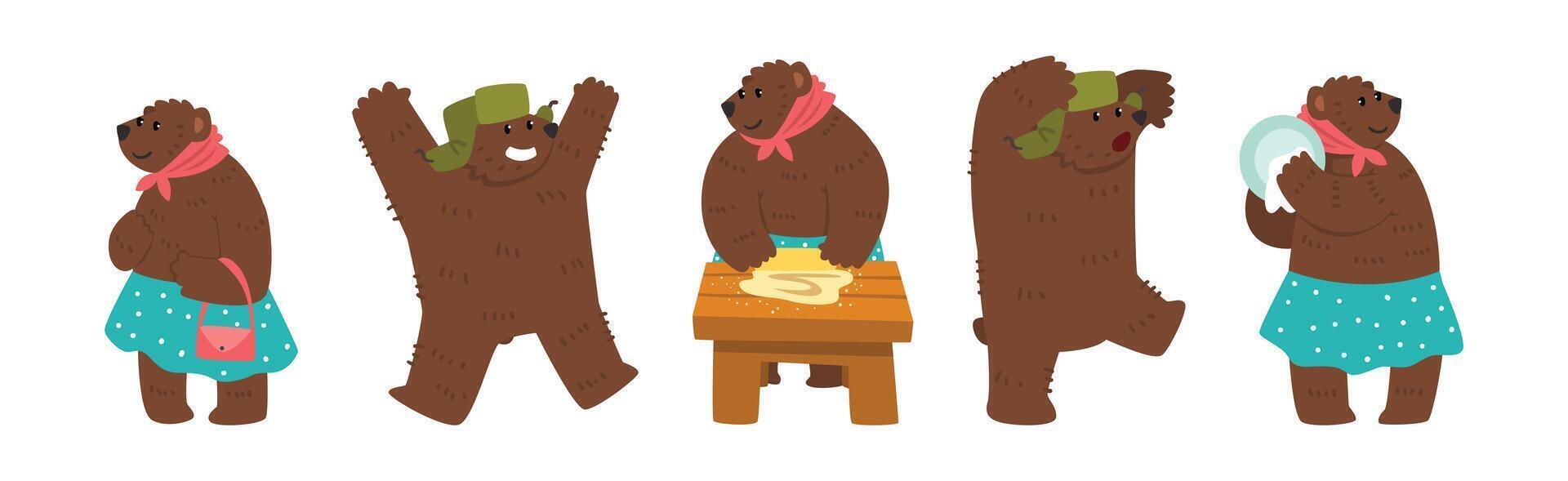 Funny Bear Character with Cute Snout Engaged in Different Activity Set vector