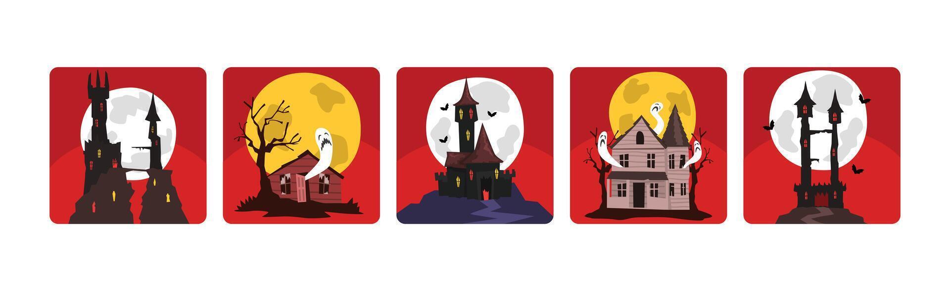 Halloween Spooky House and Ghost Abandoned Old Haunted Castle Set vector