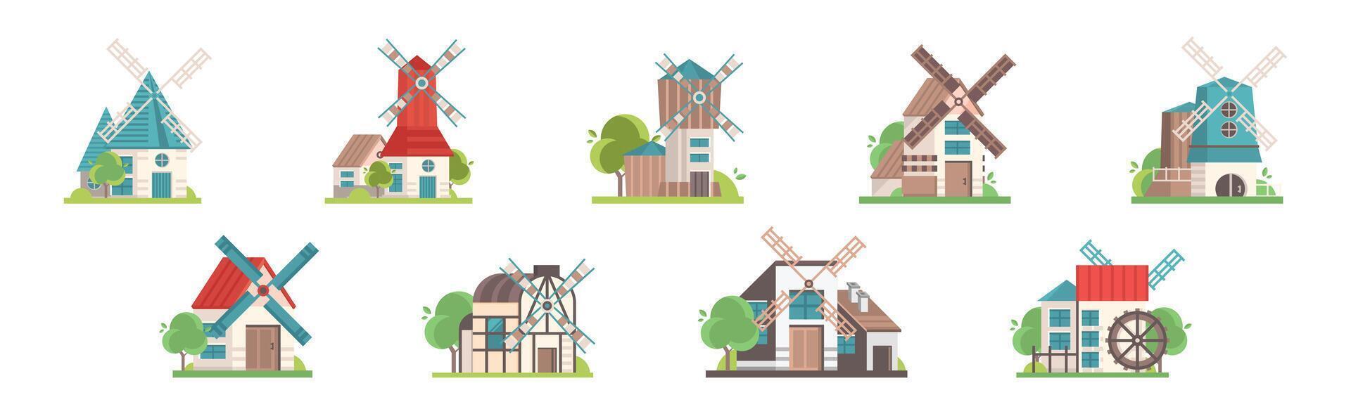 Traditional Rural Windmill with Rotating Propeller Set vector