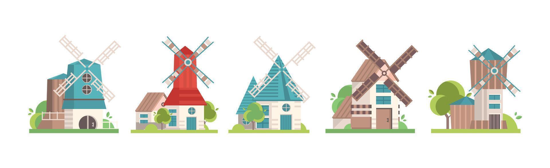 Traditional Rural Windmill with Rotating Propeller Set vector