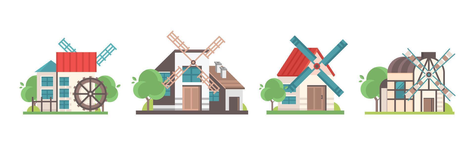 Traditional Rural Windmill with Rotating Propeller Set vector
