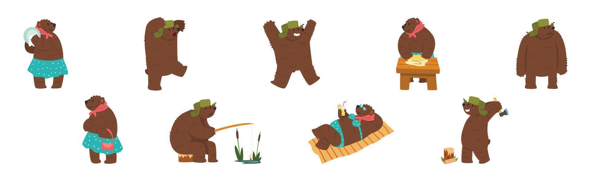 Funny Bear Character with Cute Snout Engaged in Different Activity Set vector