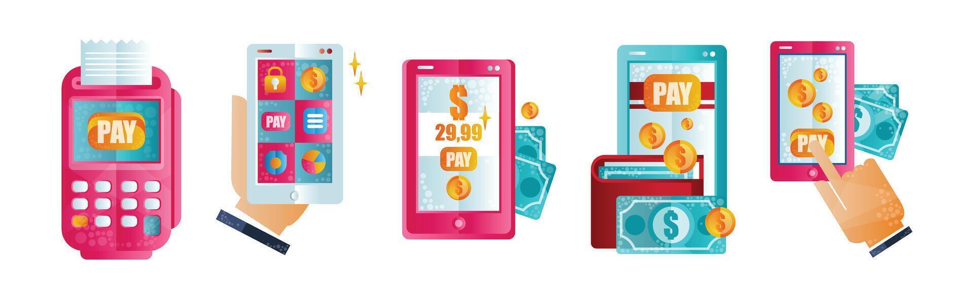Mobile Online Payment and Money Transaction Flat Icon Set vector