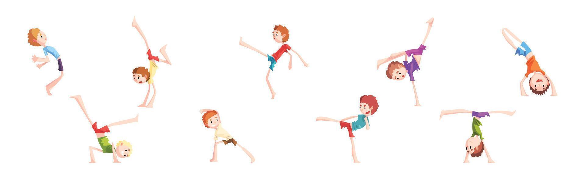 Cute Little Boy Somersaulting Doing Physical Exercise and Stunt Set vector