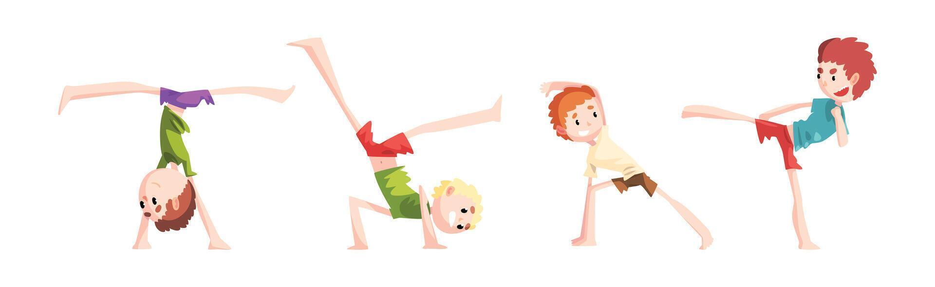 Cute Little Boy Somersaulting Doing Physical Exercise and Stunt Set vector
