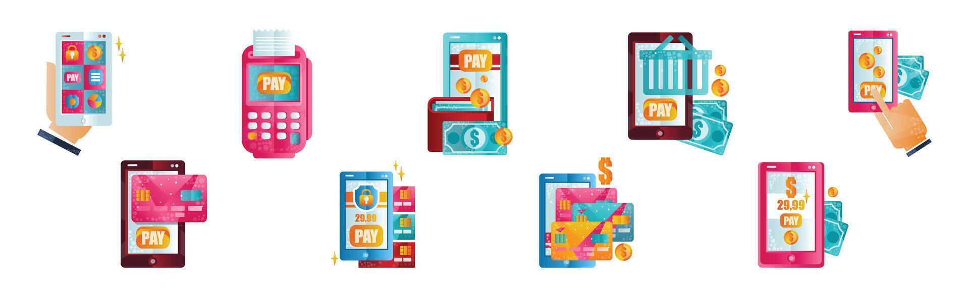 Mobile Online Payment and Money Transaction Flat Icon Set vector