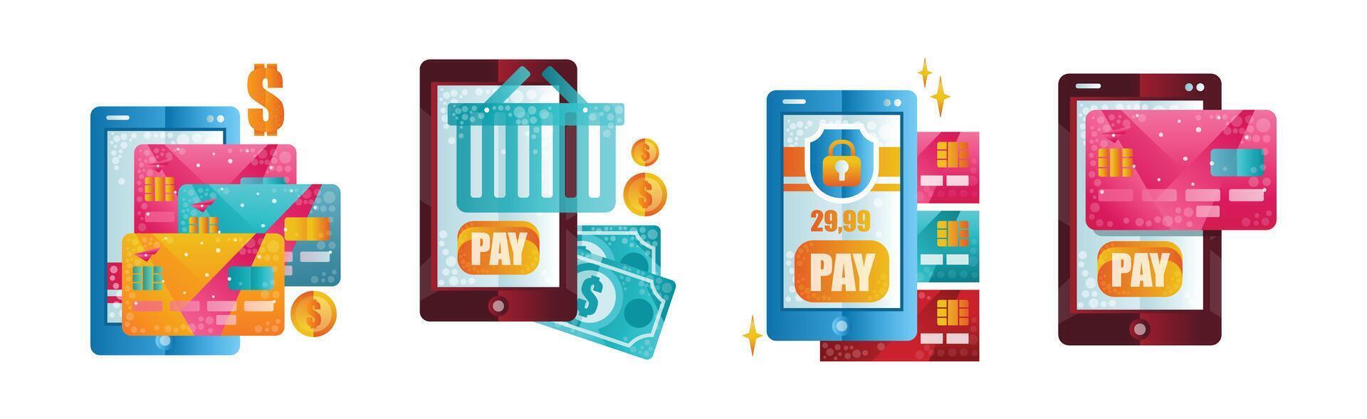 Mobile Online Payment and Money Transaction Flat Icon Set vector