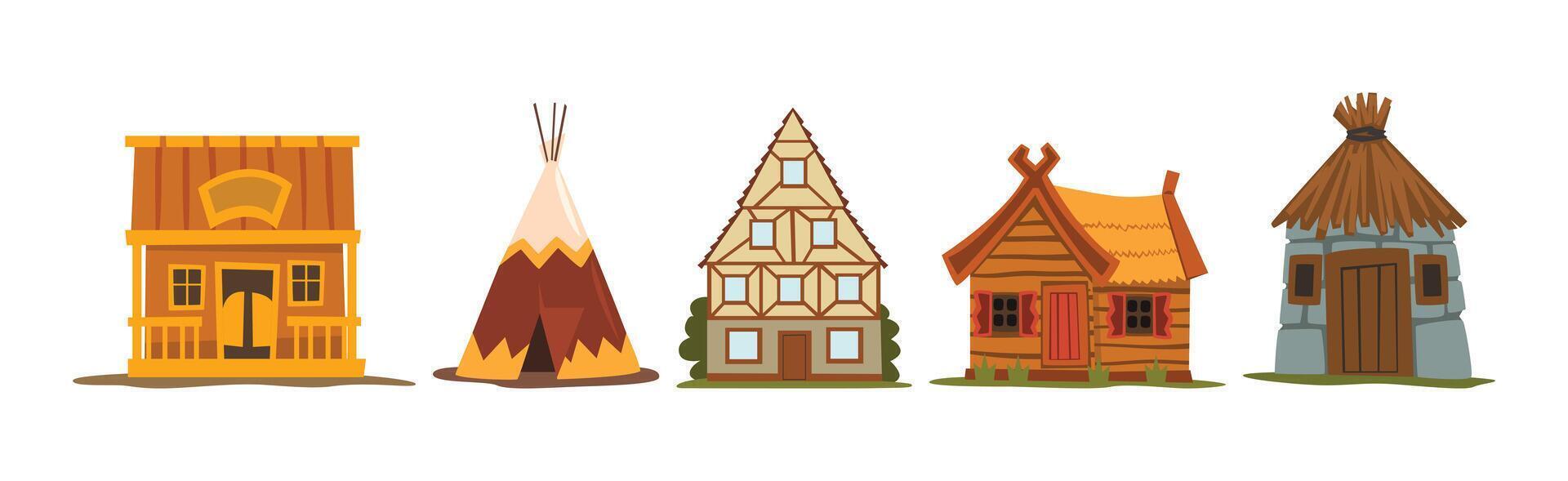 Traditional House, Hut and Dwelling of Different Material Set vector