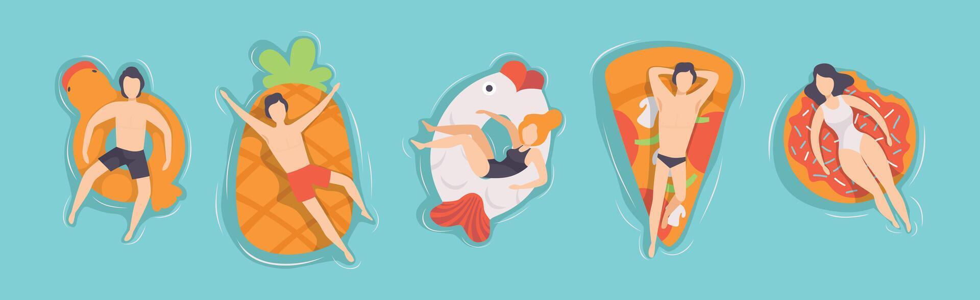 People Floating on Air Mattresses in Swimming Pool Set vector