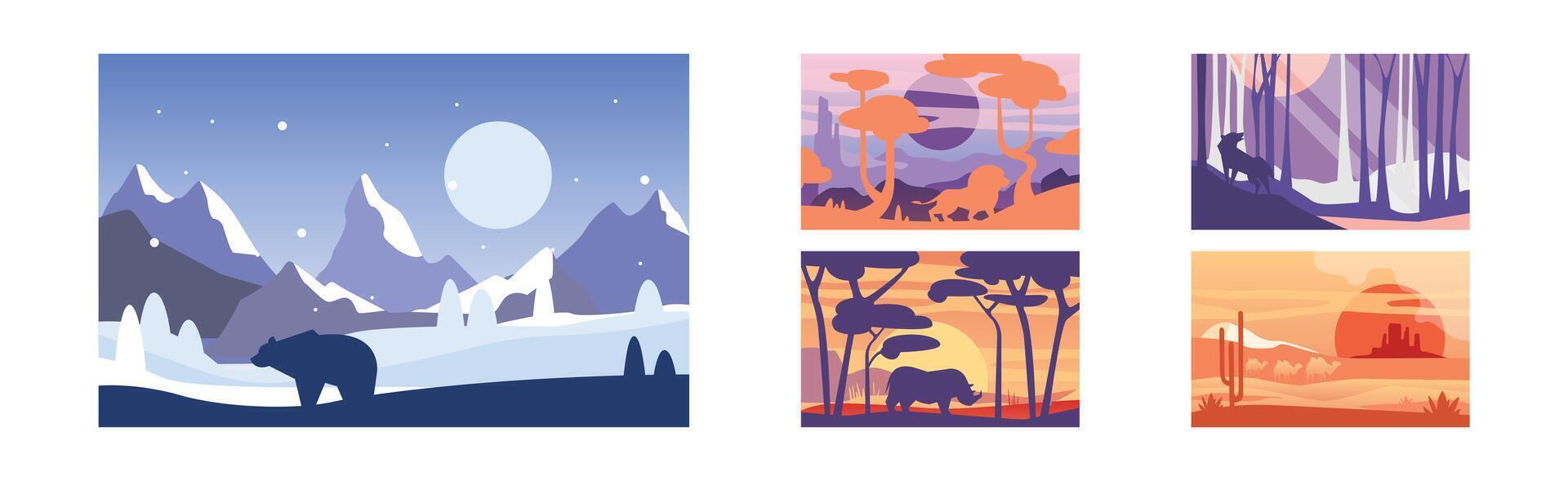 Beautiful Scene of Nature, Peaceful Landscape with Wild Animals Set vector