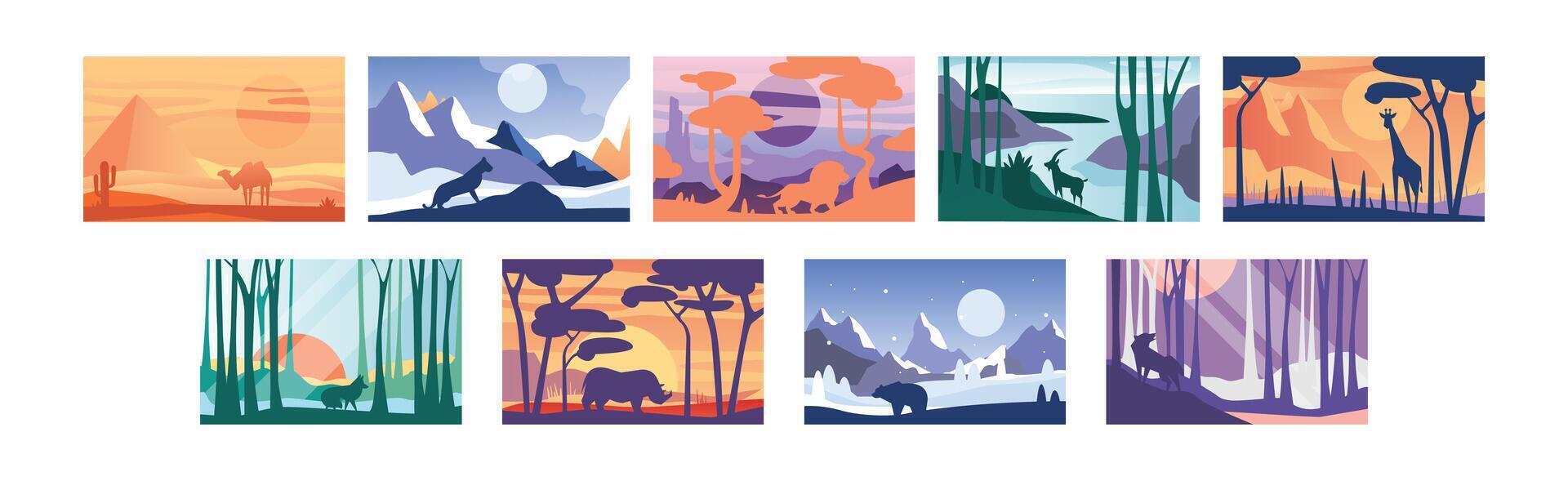 Beautiful Scene of Nature, Peaceful Landscape with Wild Animals Set vector