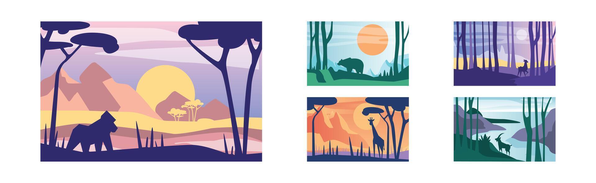 Beautiful Scene of Nature, Peaceful Landscape with Wild Animals Set vector