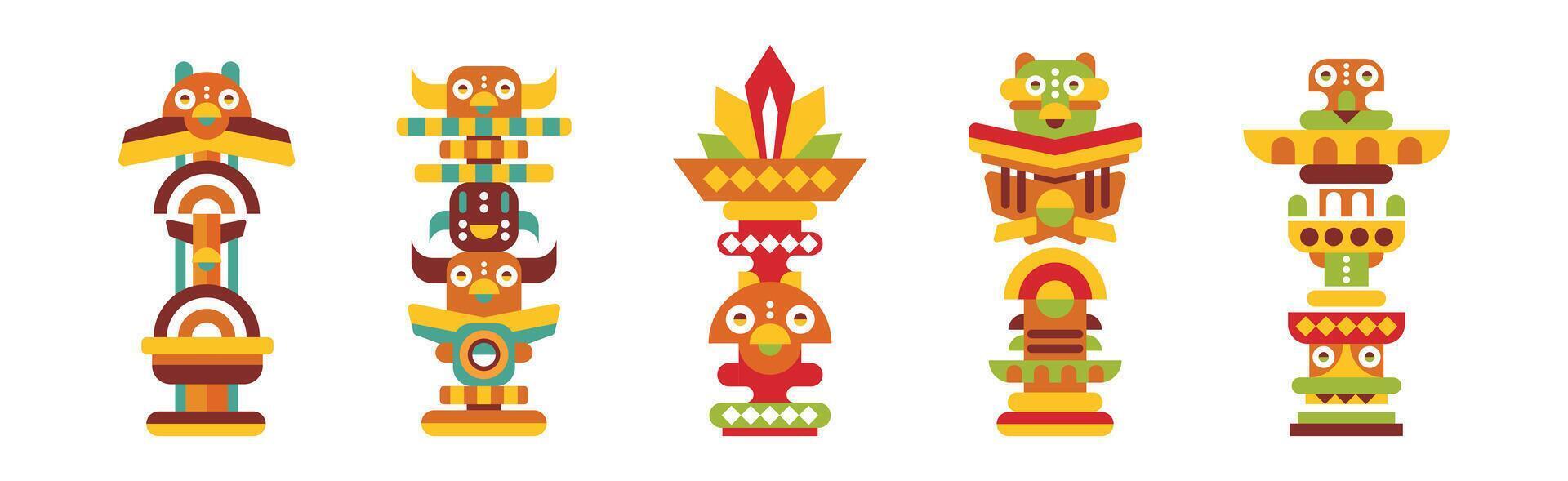 Traditional Totem Wooden Carved Pole with Animal Set vector