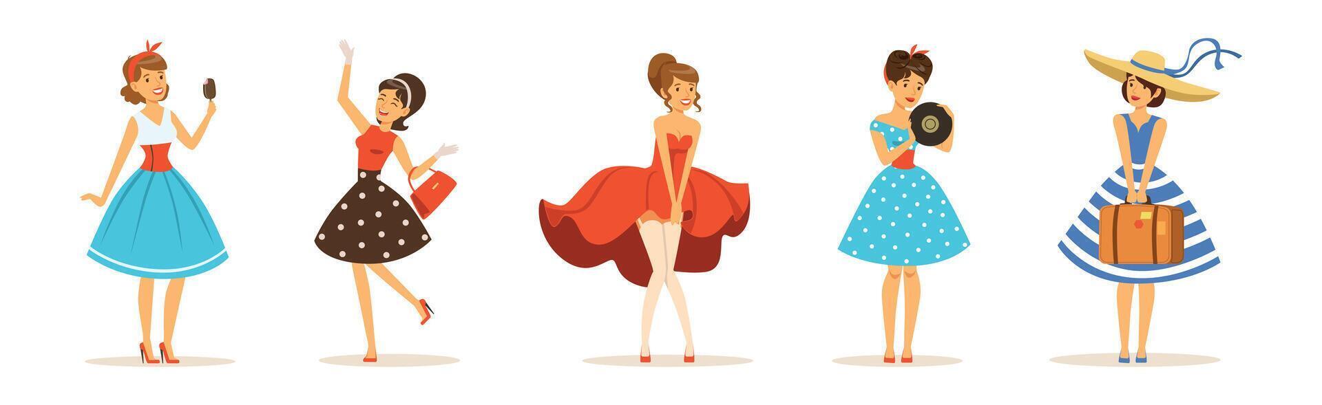 Beautiful Woman Character in Retro Vintage Dress Set vector