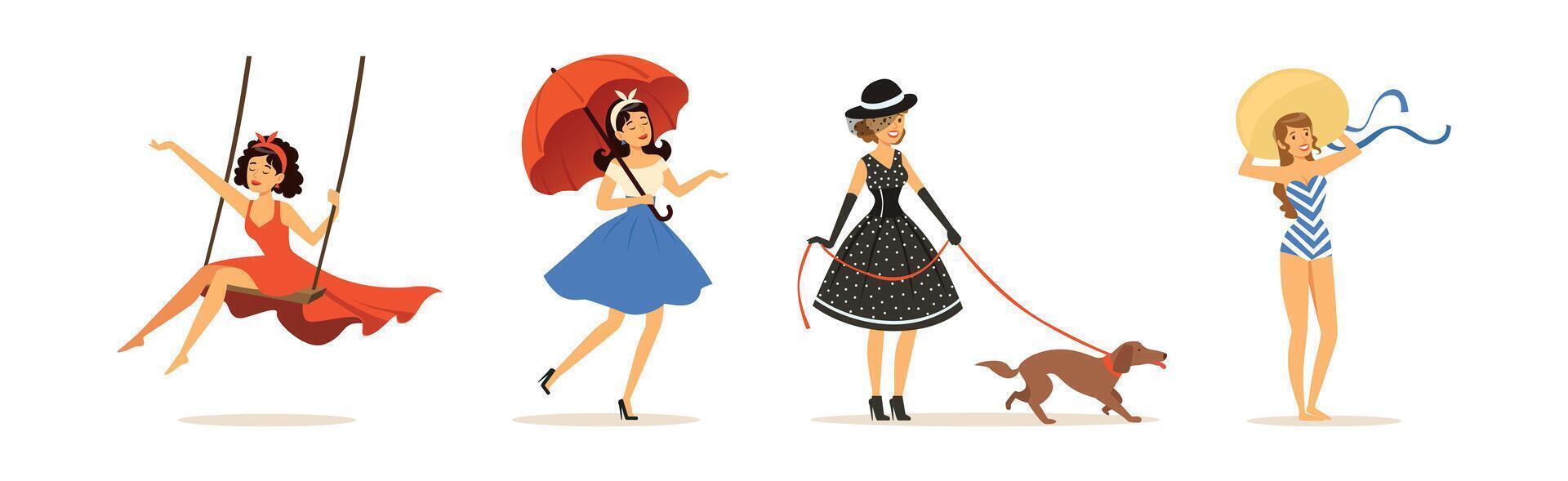 Beautiful Woman Character in Retro Vintage Dress Set vector