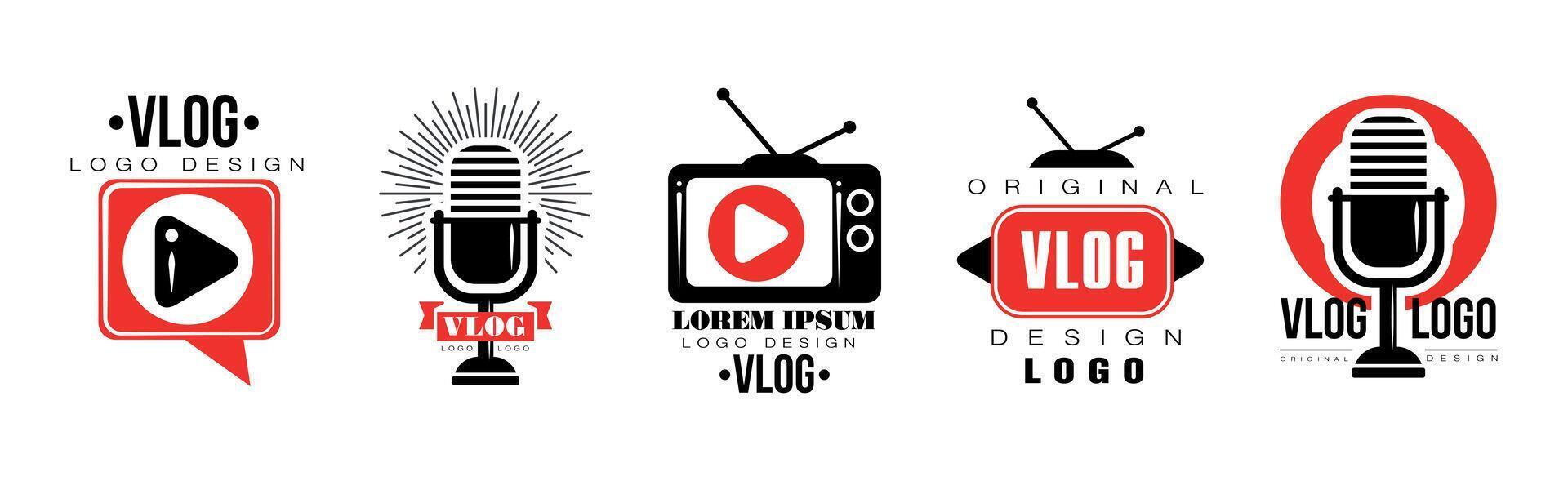 Vlog Logo and Label Design with Red and Black Set vector