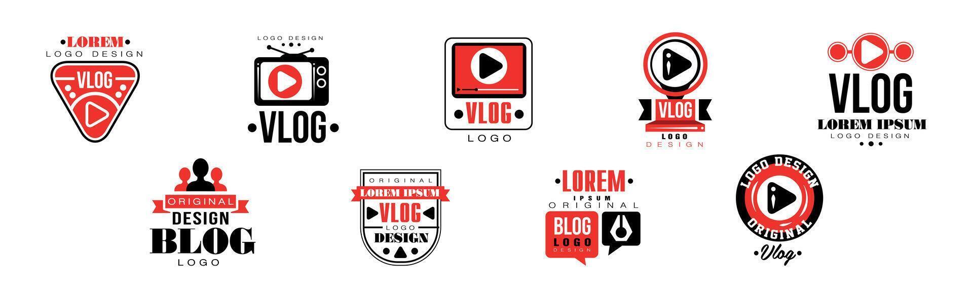 Vlog Logo and Label Design with Red and Black Set vector