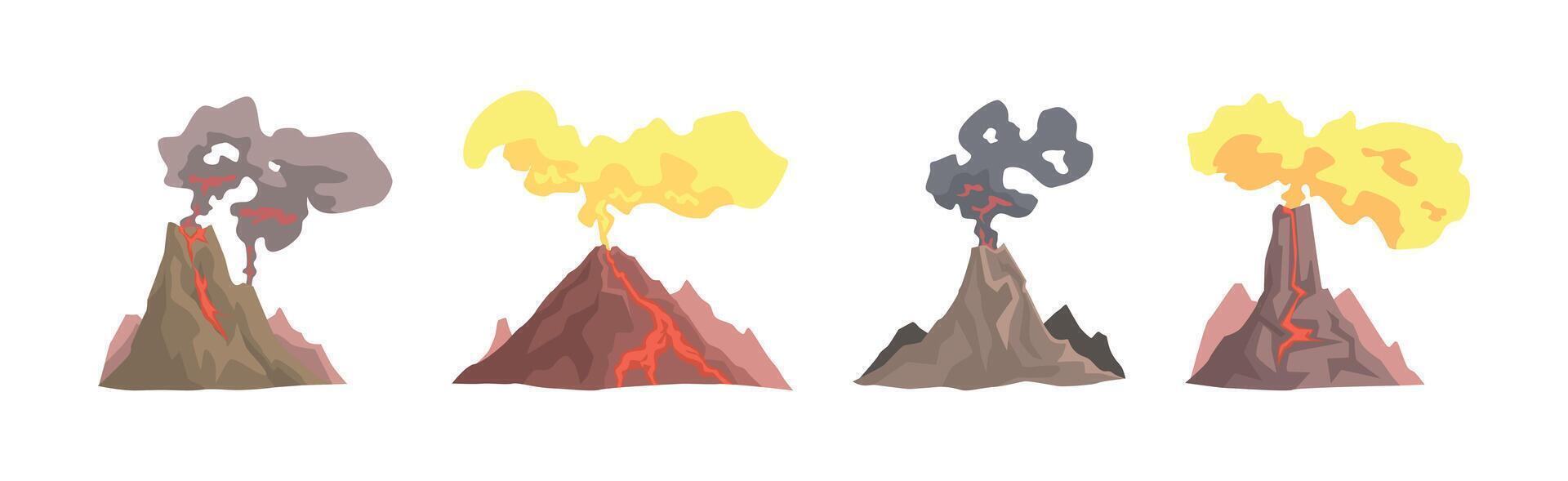Erupting Volcano with Smoke at Top of Mountain Set vector