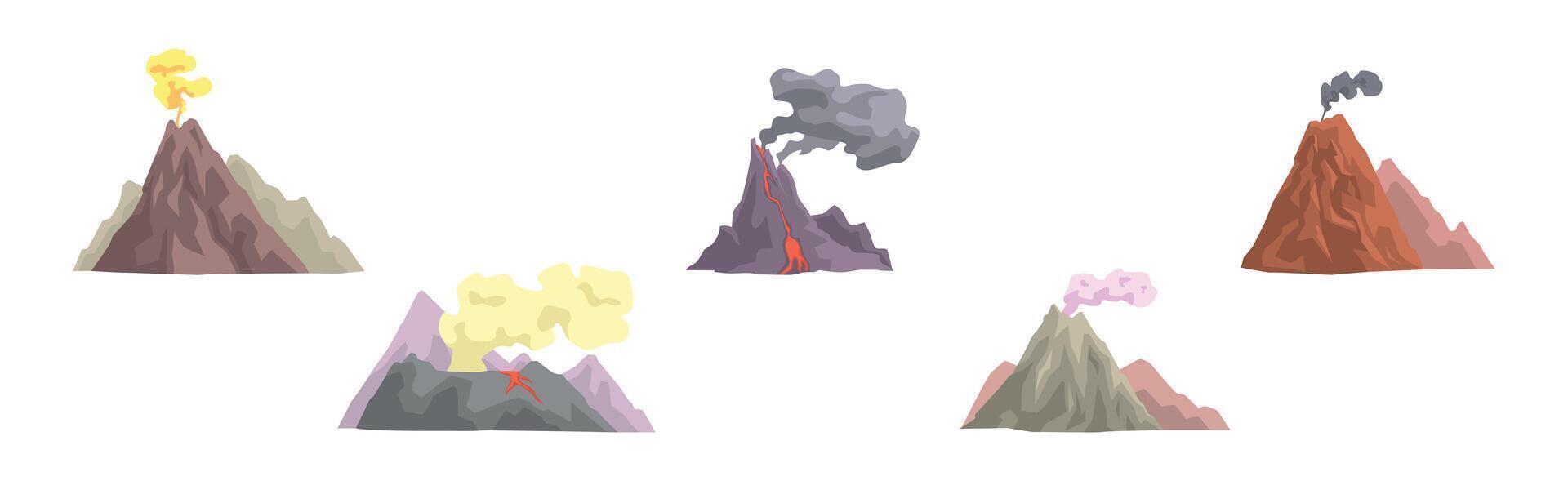 Erupting Volcano with Smoke at Top of Mountain Set vector