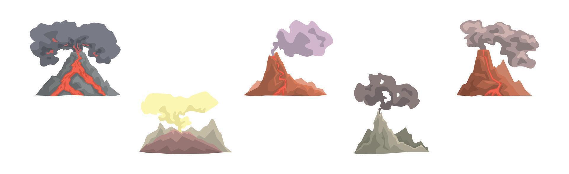 Erupting Volcano with Smoke at Top of Mountain Set vector