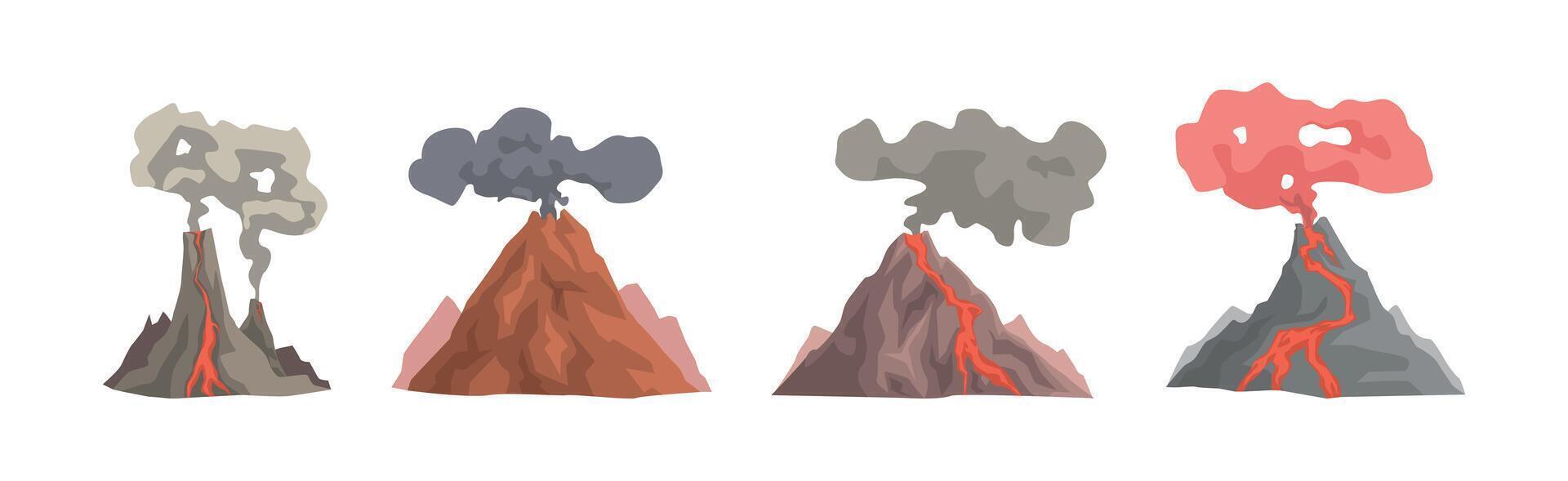 Erupting Volcano with Smoke at Top of Mountain Set vector